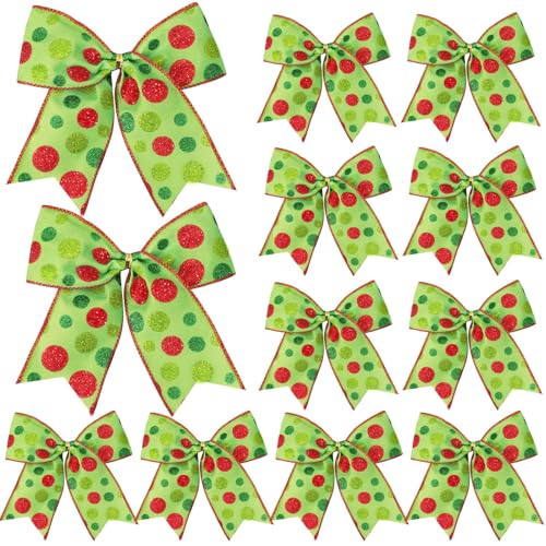 Green Christmas Bow Set - 12pcs 6 Inch Holiday Wreath & Gift Wrap Decorations