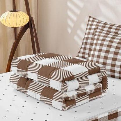 Plaid Zipper Comforter Set Twin Size - Brown White Bedding with Fitted Sheet & Pillowcases