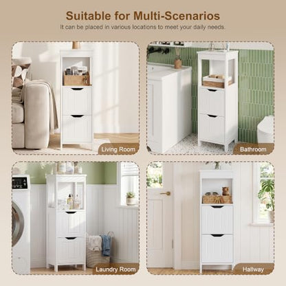 Small Bathroom Storage Cabinet with Drawers & Open Shelf - White - Space-Saving Narrow Design with Farmhouse Style