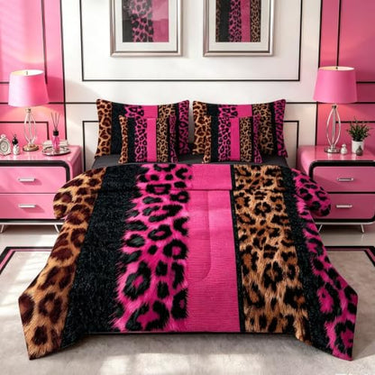 Pink Leopard Print Comforter Set Queen Size for Teens & Adults - Variation Hot Pink 07