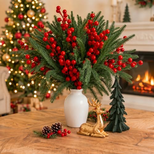 Christmas Table Decorations Set with Pine Picks, Berry Stems & Reindeer Figurine