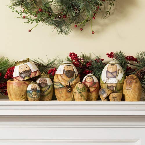 Nativity Nesting Dolls Set of 9 – Holy Family with Three Kings & Shepherd, Resin & Dolomite
