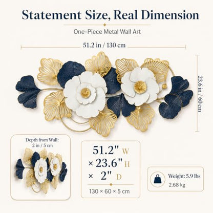 Large 3D Floral Metal Wall Art - White, Navy Blue & Gold Finish - 51x24 Inch