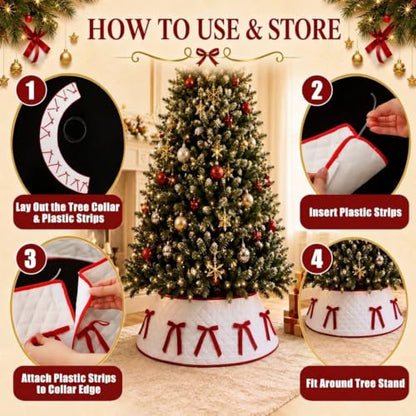 28-Inch Quilted Christmas Tree Collar with Velvet Bow - Tree Stand Cover