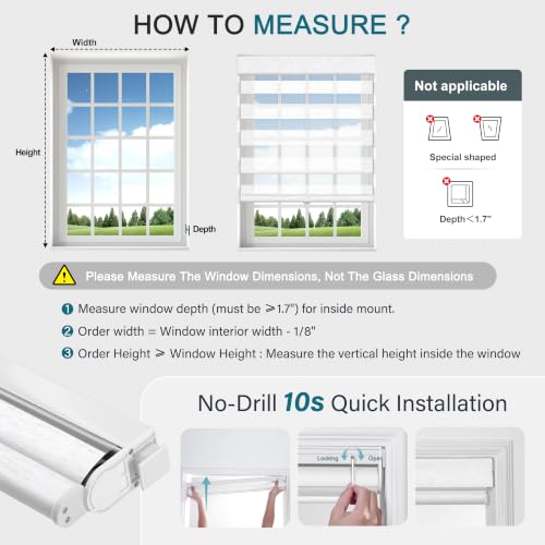 No Drill Zebra Blinds for Windows - Day and Night Roller Shades, 34x64 Inches