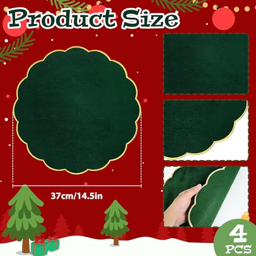 Green Christmas Velvet Placemats Set of 4 - Scalloped Round Table Decor, 14.5 Inch, Washable & Heat Resistant