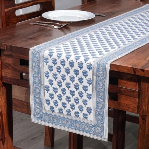 Apatite Blue Block Print Cotton Table Runner 16x106 Inch - Handcrafted
