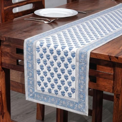 Apatite Blue Block Print Cotton Table Runner 16x106 Inch - Handcrafted