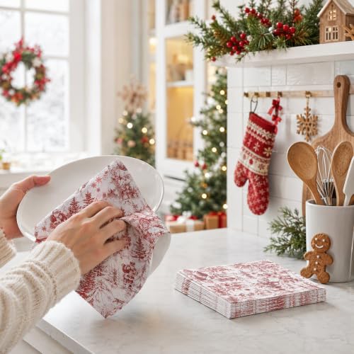 Christmas Santa Disposable Paper Napkins 100 Pack - Red Toile Winter Village Design, 2-Ply Absorbent Holiday Tableware