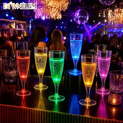 6 Mixed Colors LED Plastic Champagne Flutes 150ml Reusable Party Glasses