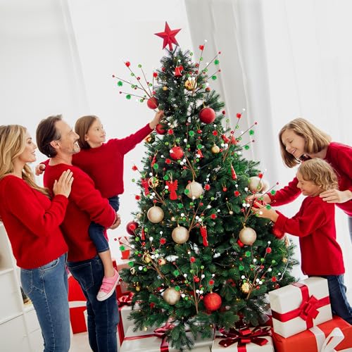 Artificial Berry Stems - 6 Pieces, 16 Inch Christmas Tree Picks, Red Green White, Holiday Decor