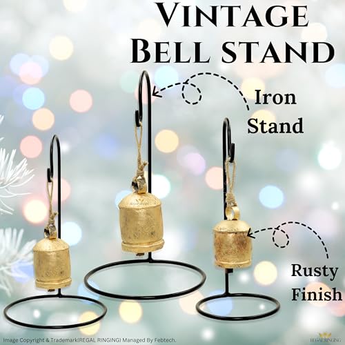 Set of 3 Black Metal Stand Golden Cow Bells with Rustic Finish Christmas Hanging XL Bells