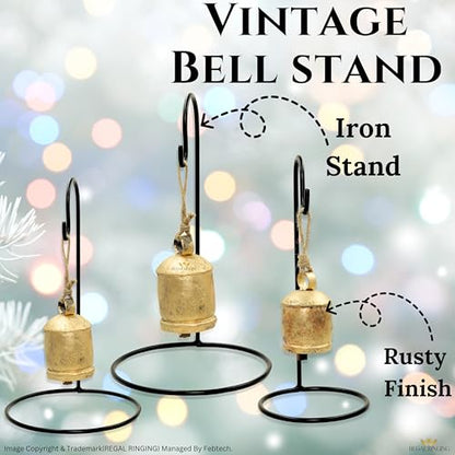 Set of 3 Black Metal Stand Golden Cow Bells with Rustic Finish Christmas Hanging XL Bells