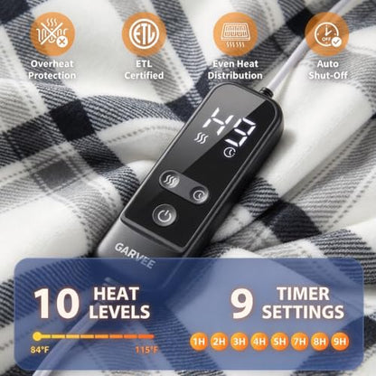 Garvee Electric Wearable Blanket 45x60 Flannel Sherpa Poncho - Dark White Plaid + Gray
