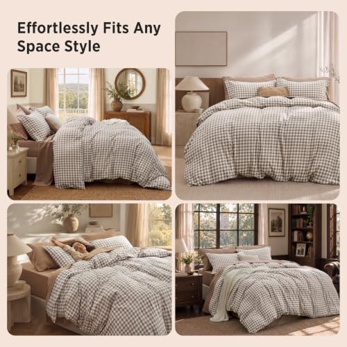 Bedsure Gingham Duvet Cover Set Cotton-Like Bedding Queen Size - Brown, No Comforter, 90x90