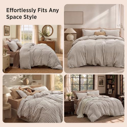 Bedsure Gingham Duvet Cover Set Cotton-Like Bedding Queen Size - Brown, No Comforter, 90x90
