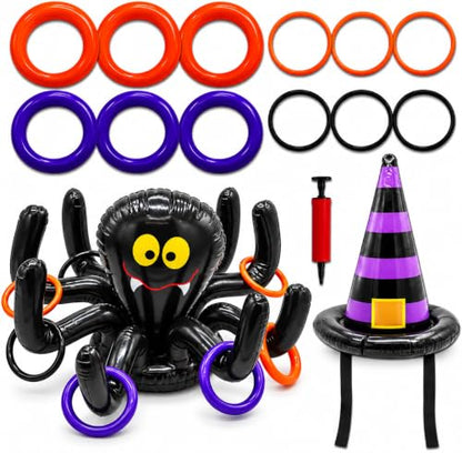 Halloween Ring Toss Game Set with Inflatable Spider & Witch Hat - 2 Pack Indoor Outdoor Party Fun