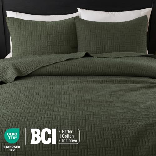 Light Green Cotton Quilt Set Queen Size 3 Pieces - Textured Rustic Bedding