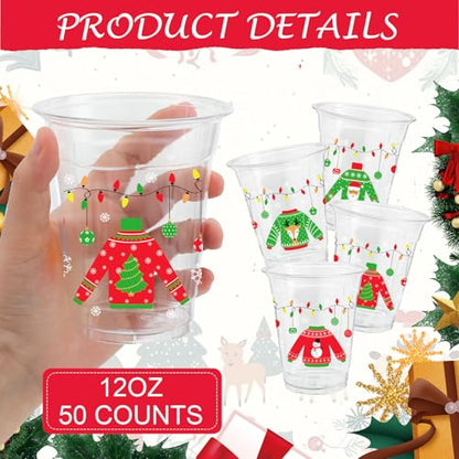 Ugly Sweater Christmas Plastic Cups 50 Pack 12oz Party Supplies - Light Strip Printed