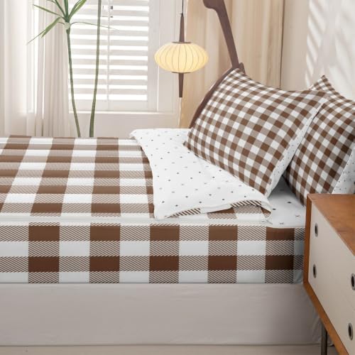 Plaid Zipper Comforter Set Twin Size - Brown White Bedding with Fitted Sheet & Pillowcases