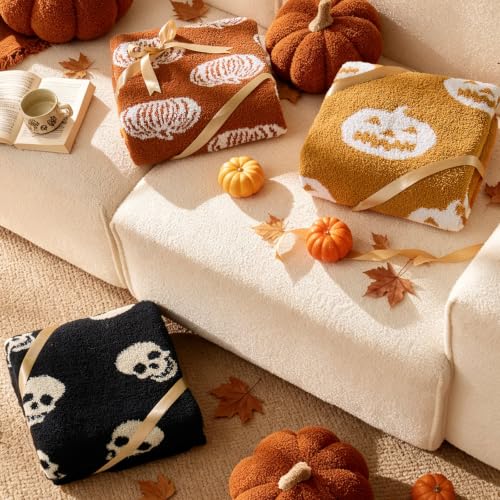 Pumpkin Fall Throw Blanket - Burnt Orange 50x60 with White Pumpkins - Seasonal Decor & Gift