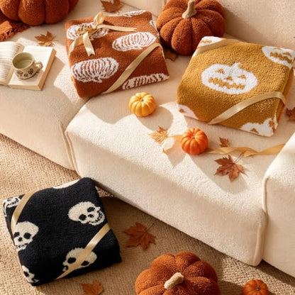 Pumpkin Fall Throw Blanket - Burnt Orange 50x60 with White Pumpkins - Seasonal Decor & Gift