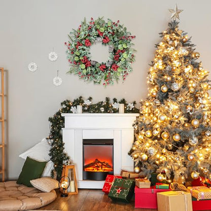 Artificial Christmas Wreath 22 Inch with Red Berries Pine Cones and Eucalyptus - Green