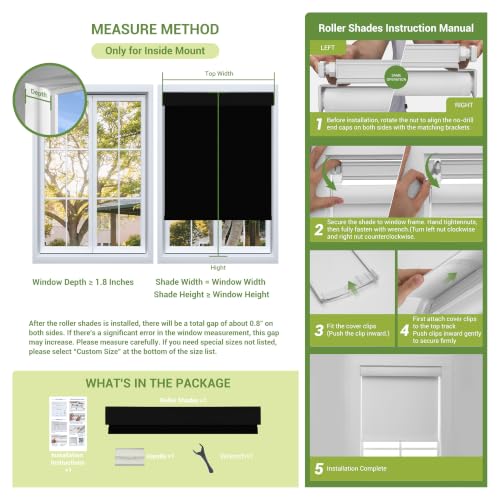 No Drill Blackout Dual Tensioners Roller Shades - Black, 58"W x 72"H, Variation of THIS listing