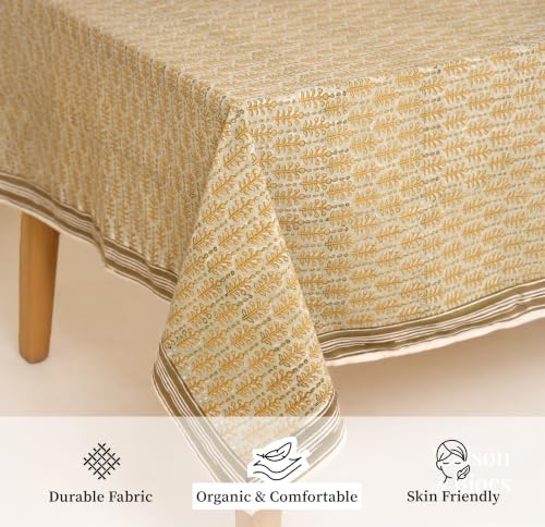 Sage & Yellow Cotton Hand Block Printed Tablecloth - 60x60 Inches, Square