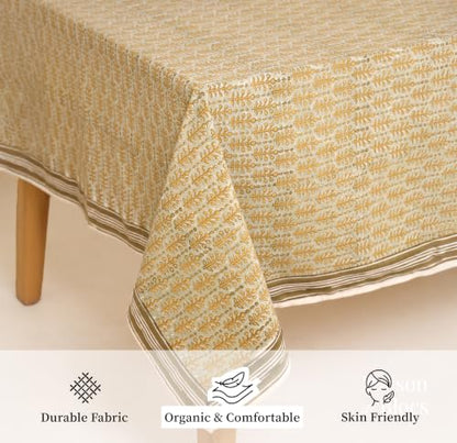 Sage & Yellow Cotton Hand Block Printed Tablecloth - 60x60 Inches, Square