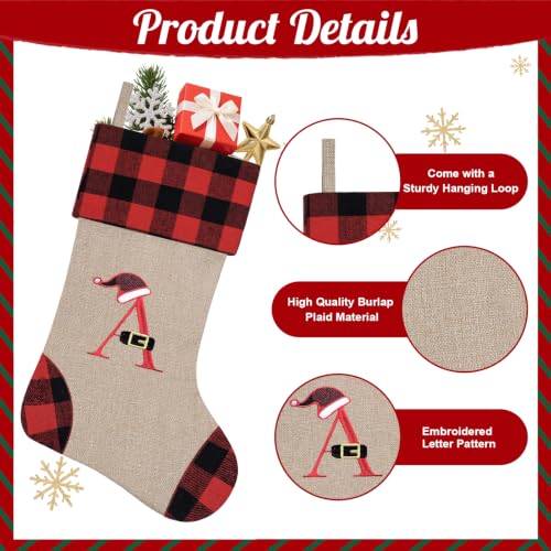 Personalized 20 Inch Monogram Burlap Christmas Stocking - Letter H, Red Black Buffalo Plaid