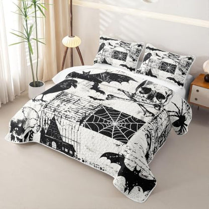 Ash & Ink Gothic Skull Quilt Set for All Seasons King Size Bedding - Halloween Decor