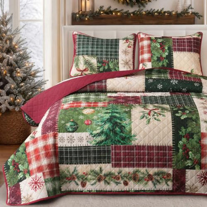 Red King Size Christmas Patchwork Quilt Bedding Set with Pillow Shams