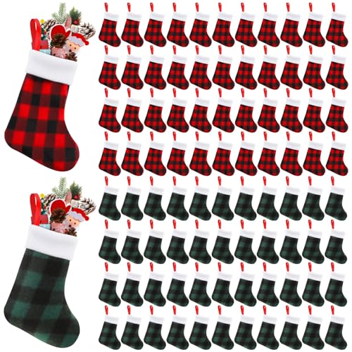 Christmas Mini Stockings Buffalo Plaid 7 Inch Red Green Set of 48 - Holiday Decor