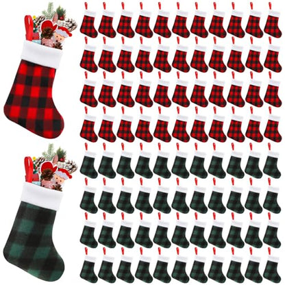 Christmas Mini Stockings Buffalo Plaid 7 Inch Red Green Set of 48 - Holiday Decor