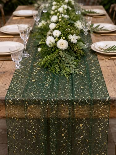 Green Gold 10FT Sequin Sheer Table Runner for Wedding & Party Decor - Green / 28x120 Inches