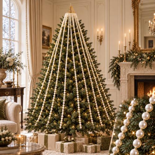 Christmas Tree Topper Pearl Garland Decoration 6.56 ft White & Gold