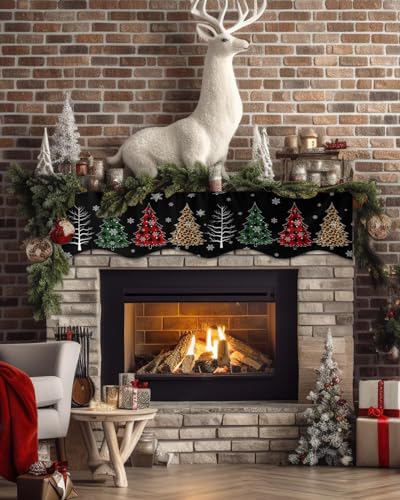 Christmas Tree Fireplace Mantel Scarf Cover - 70" x 17" Holiday Decor, Rustic Snowflake & Buffalo Plaid
