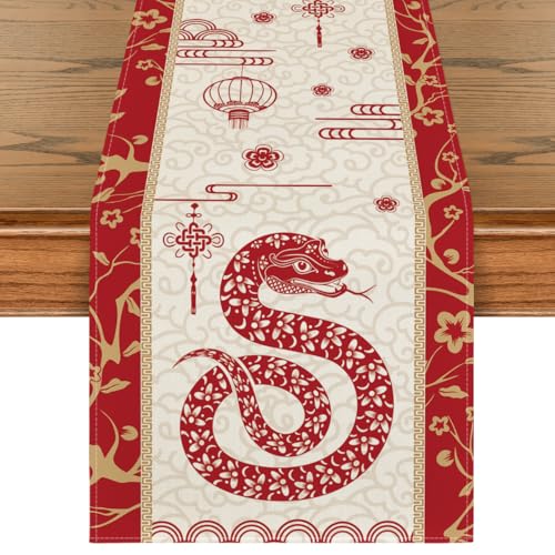 Chinese Zodiac Snake Paper Cutting Style Table Runner 13x90 Inch for Lunar New Year - Red & Gold