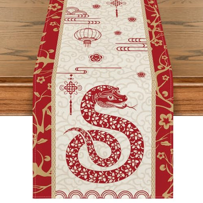 Chinese Zodiac Snake Paper Cutting Style Table Runner 13x90 Inch for Lunar New Year - Red & Gold