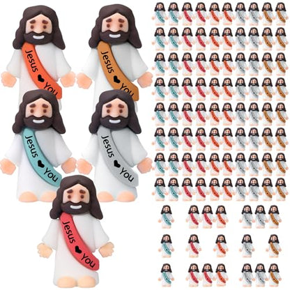 Bememo 100 Pcs Little Jesus Figures Jesus Loves You Original Design Pocket Rubber Little Figures to Hide and Seek Sunday Religious Party Share Easter Gifts(Black)