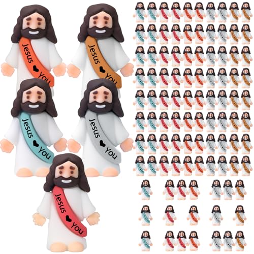 Bememo 100 Pcs Little Jesus Figures Jesus Loves You Original Design Pocket Rubber Little Figures to Hide and Seek Sunday Religious Party Share Easter Gifts(Black)