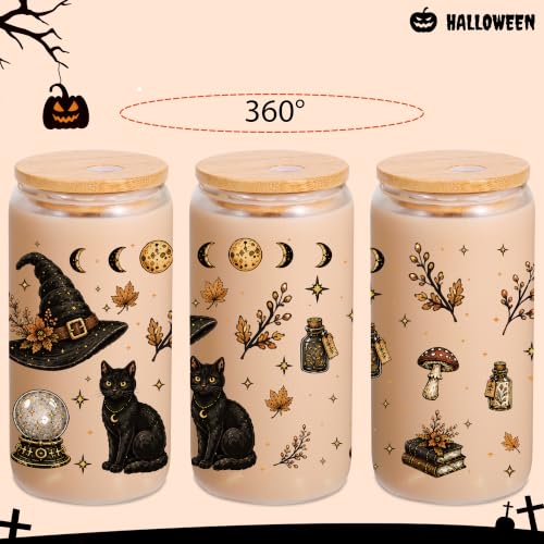 Halloween Glass Cup with Lid & Straw - 16oz Witch Design, Spooky Drinking Bottle