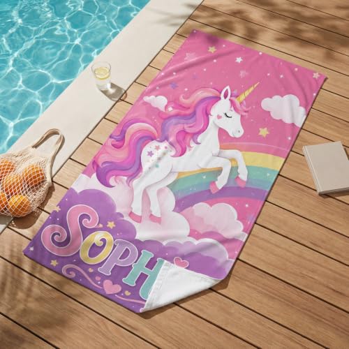 Personalized Unicorn Beach Towel for Girls - Custom Name Kids Pool & Sand Towel