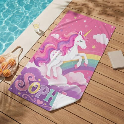 Personalized Unicorn Beach Towel for Girls - Custom Name Kids Pool & Sand Towel