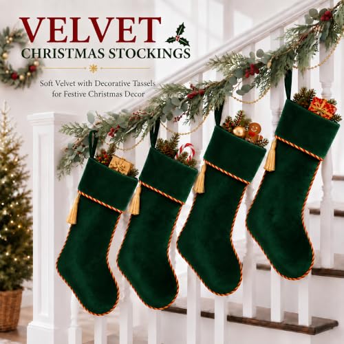 Green Velvet Christmas Stockings 3 Pack - 20 Inch Large Holiday Decor