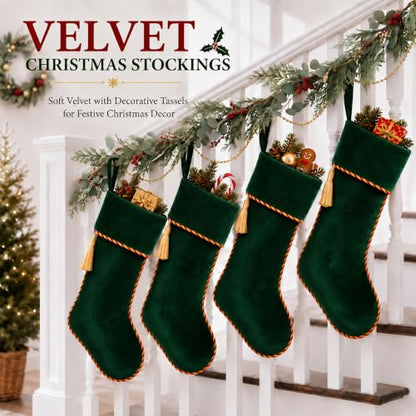 Green Velvet Christmas Stockings 3 Pack - 20 Inch Large Holiday Decor