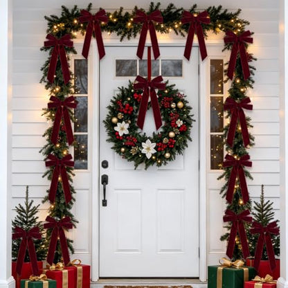 Burgundy Velvet Christmas Bow Set - Pre-Tied Holiday Tree Decorations, 12pcs