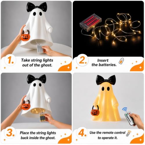 Large Lighted Ghost Figurine with Pumpkin Lantern & Remote Timer - White, 14 Inch - Variation: Ghost with Pumpkin-White
