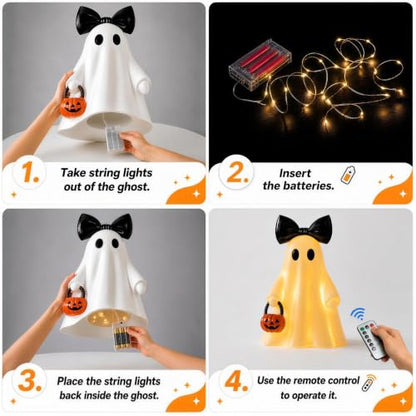 Large Lighted Ghost Figurine with Pumpkin Lantern & Remote Timer - White, 14 Inch - Variation: Ghost with Pumpkin-White